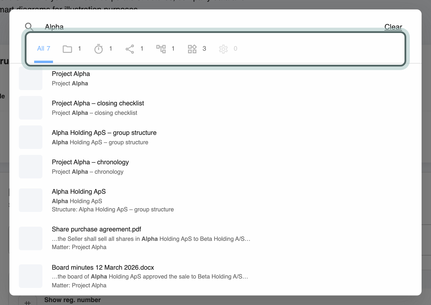 The search dialog with results for Alpha: a matter, a task board, a structure, a timeline, a block and two documents, with the type tabs (All, Matter, Task board, Structure, Timeline, Blocks) highlighted.