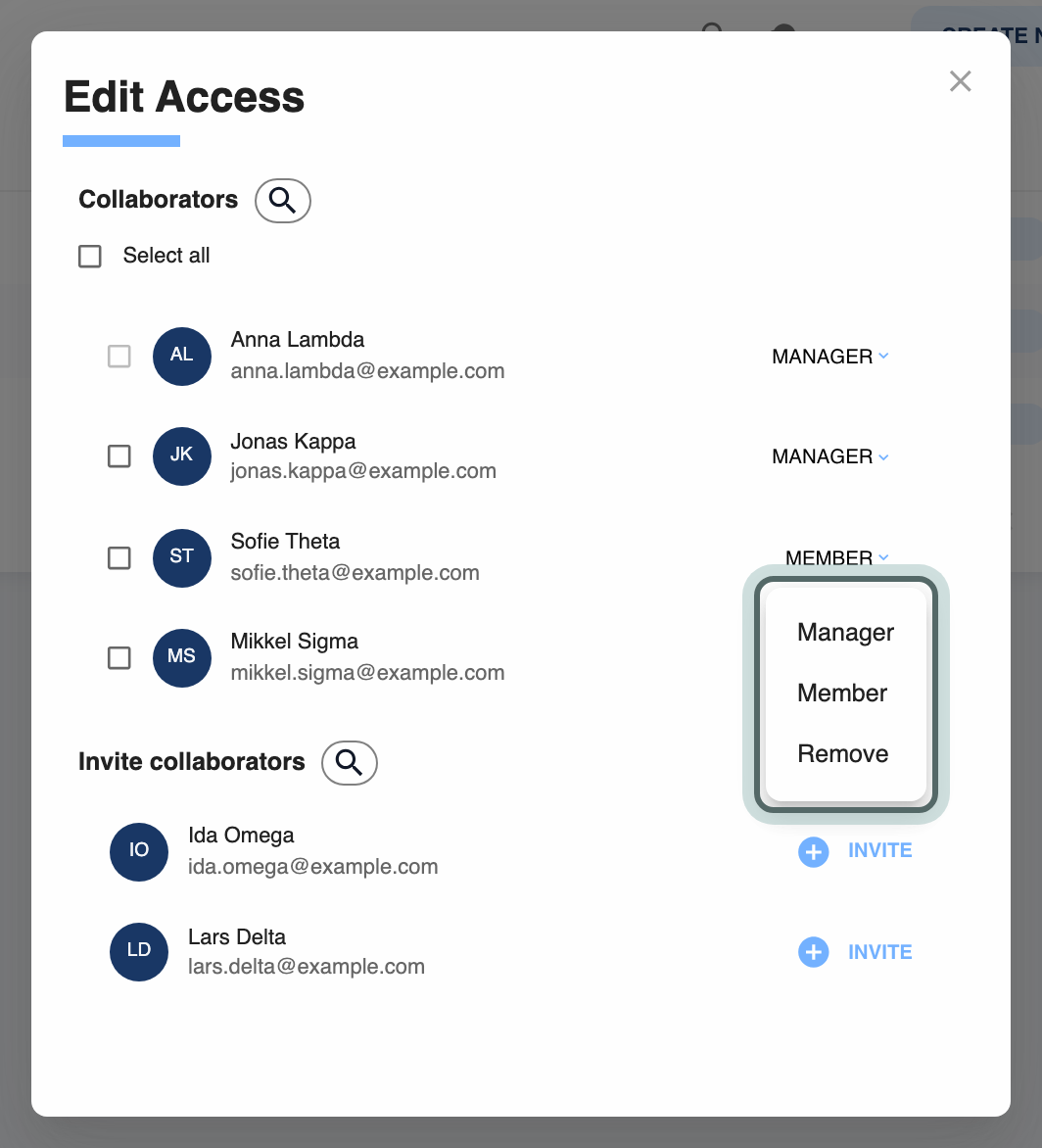 The Edit Access dialog with the group's collaborators, Sofie Theta's role opened on Manager, Member and Remove, and Invite collaborators below.