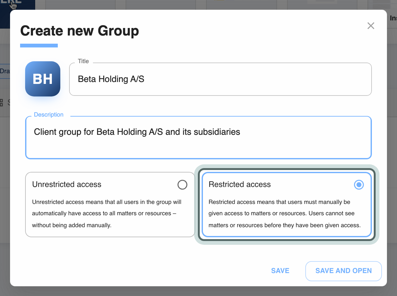 The Create new Group dialog for Beta Holding A/S: title, description, and the Unrestricted access and Restricted access boxes, with Restricted access highlighted.
