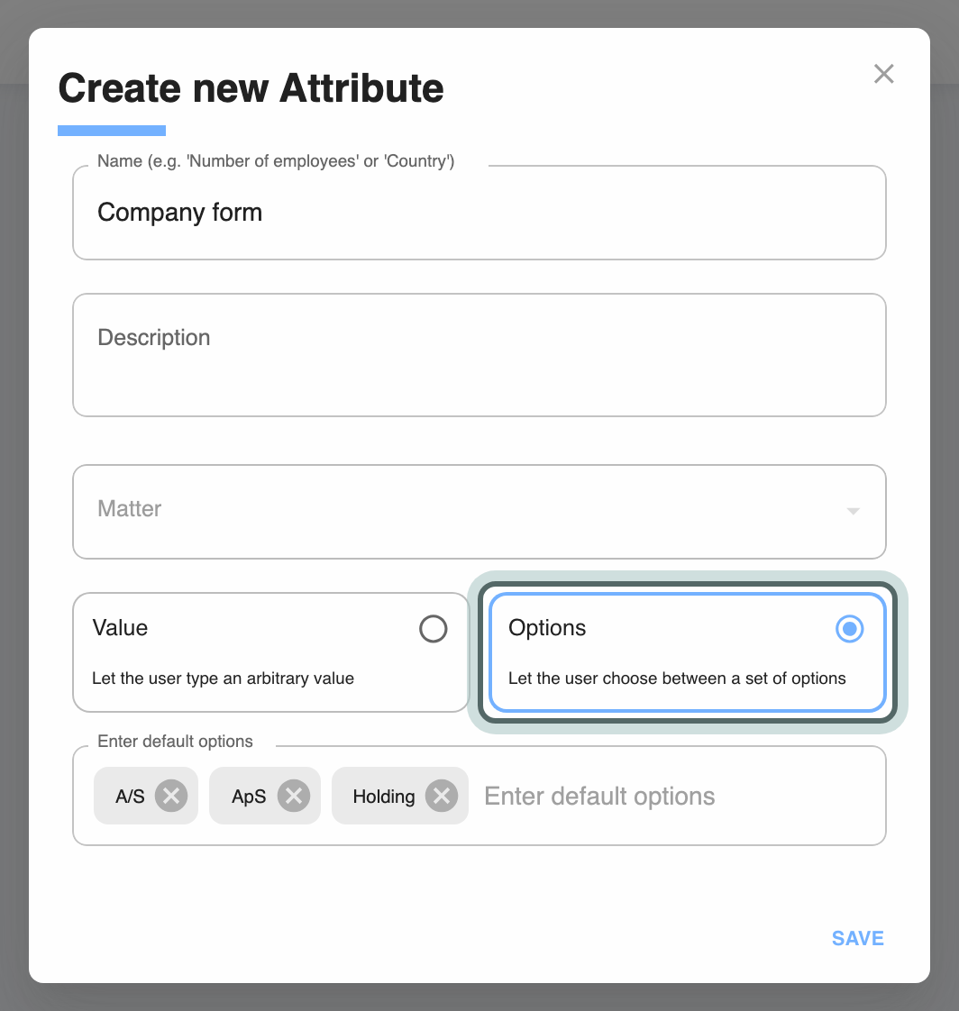 The Create new Attribute dialog for Company form, with Options chosen and A/S, ApS and Holding entered as its options.