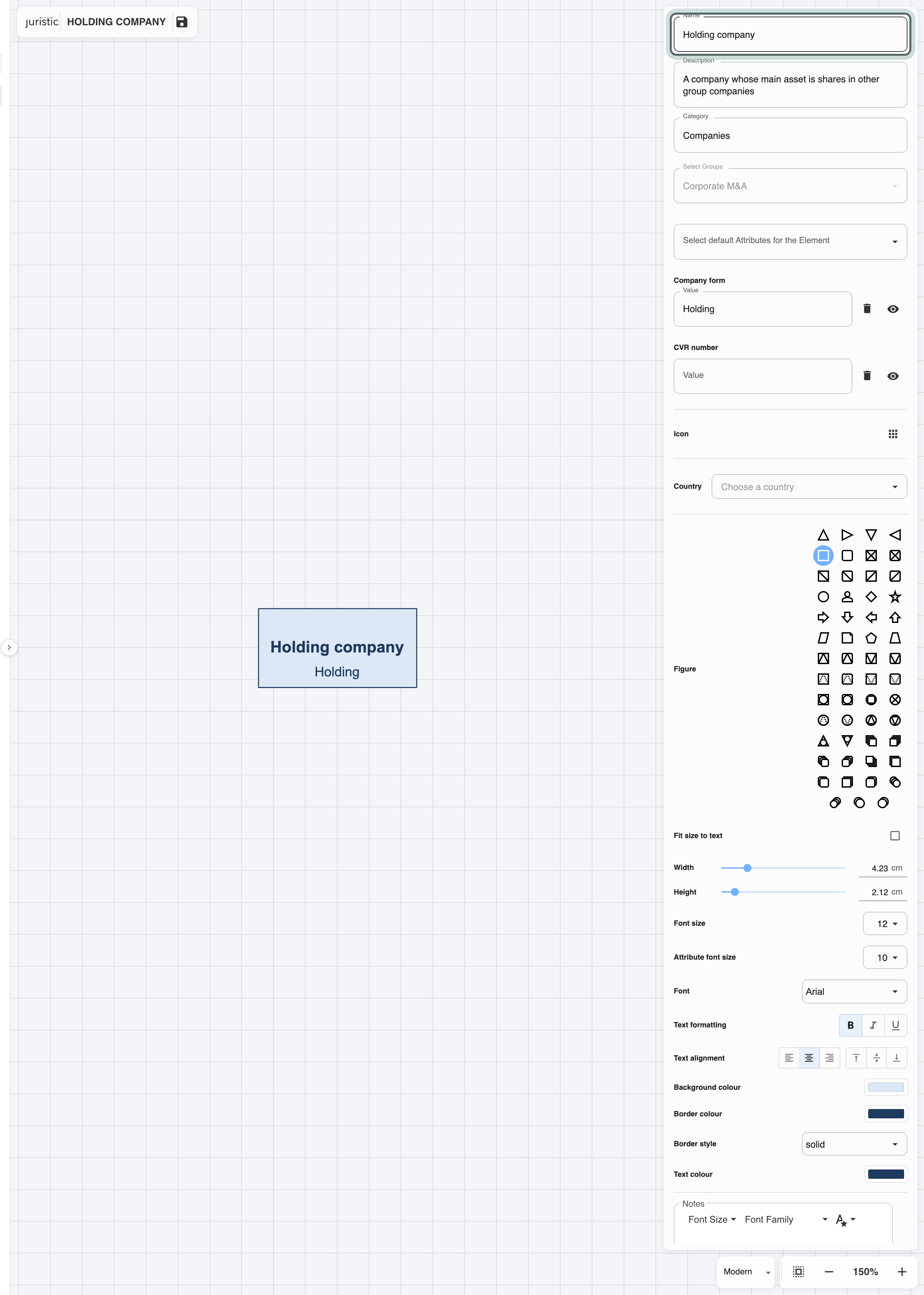 The editor for the Holding company element: name, description, category, the Company form and CVR number attributes, icon, flag, figure and colours on the right, and a preview of the box on the left.