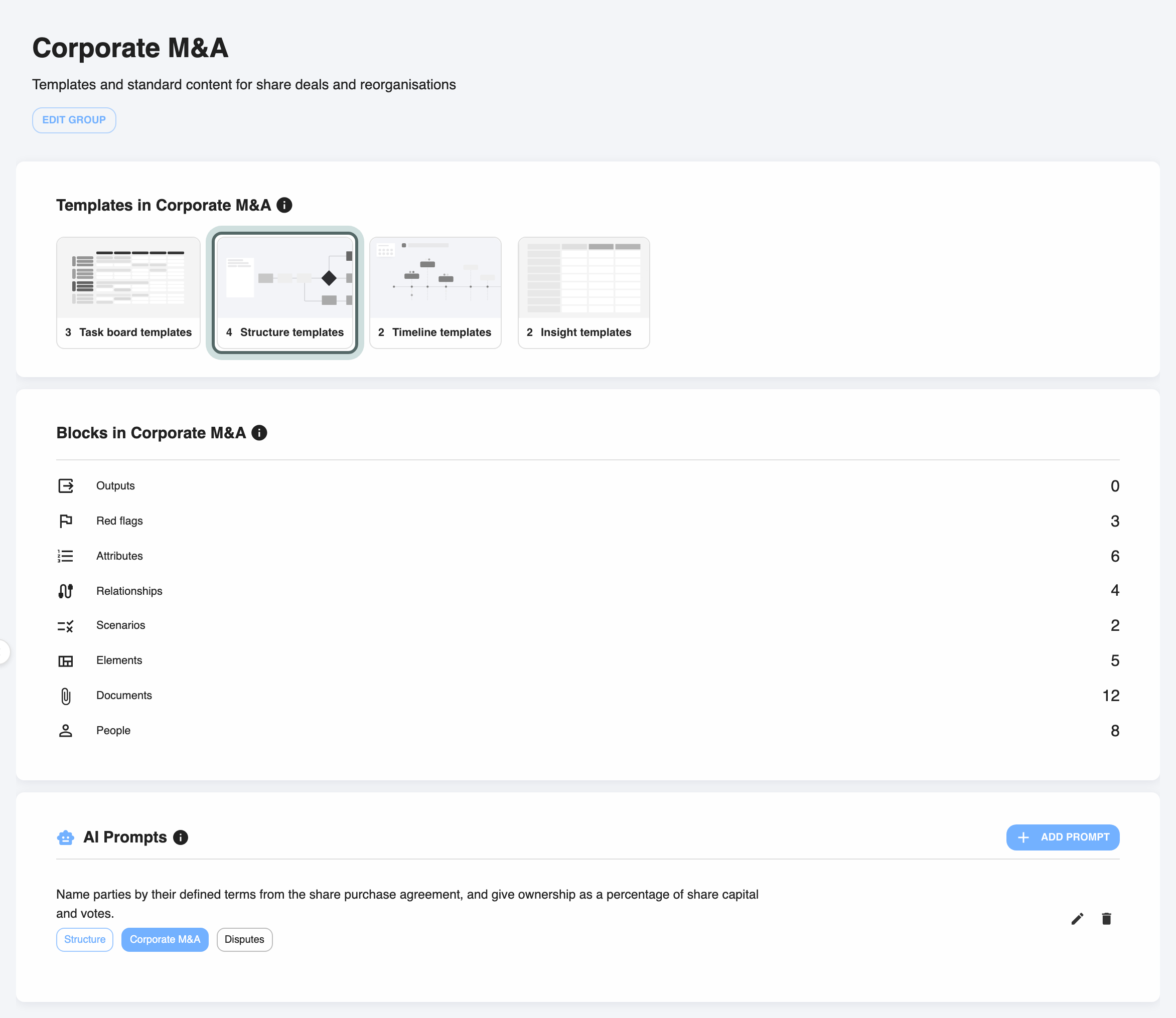 The group's library: Templates in Corporate M&A with task board, structure, timeline and insight templates, and Blocks in Corporate M&A below. The Structure templates card is highlighted.