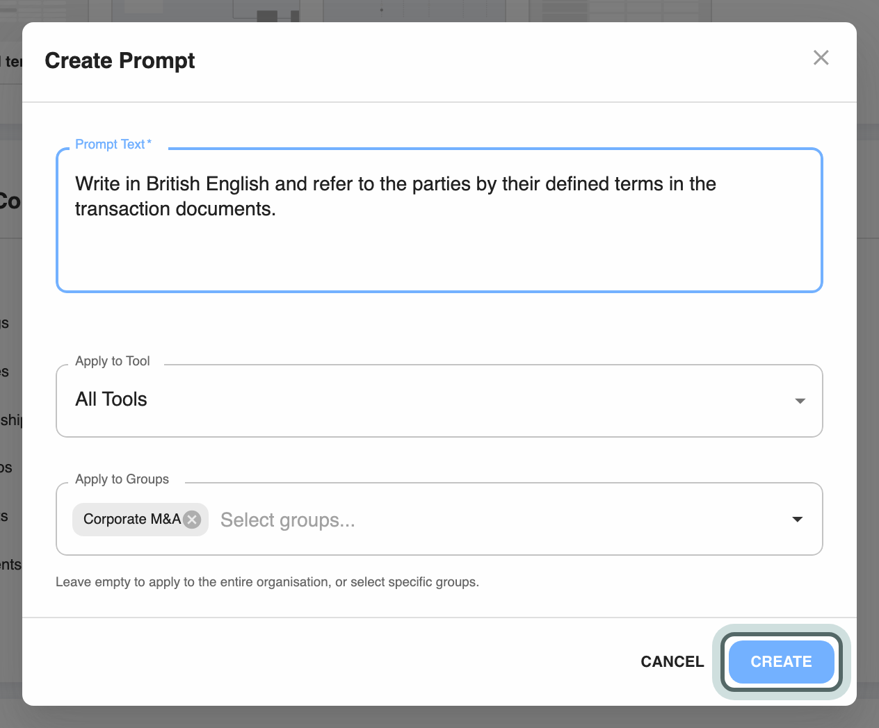 The Create Prompt dialog: the instruction in Prompt Text, Apply to Tool set to All Tools and Corporate M&A already under Apply to Groups. Create is highlighted.