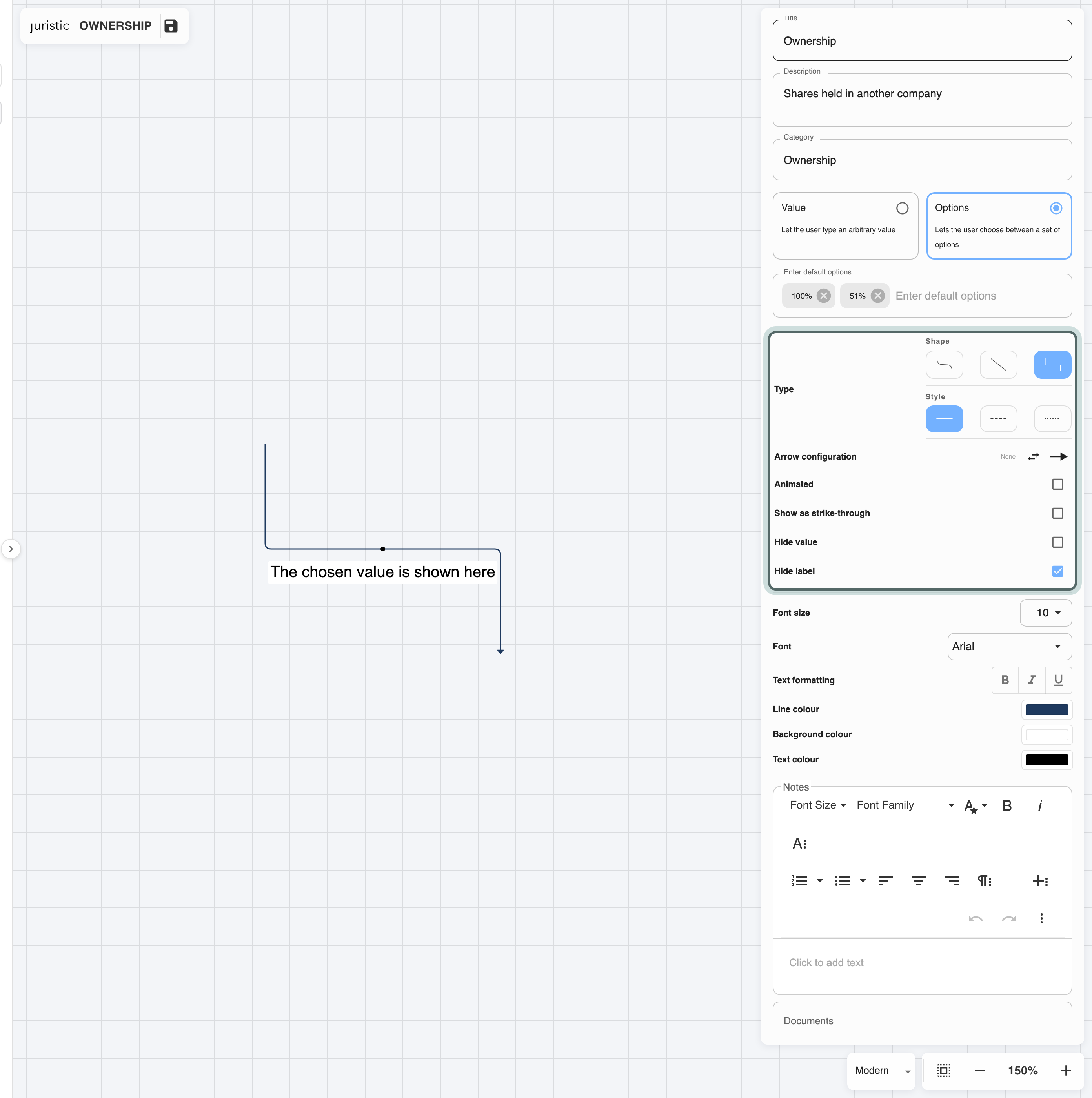 The editor for the Ownership relationship, with Type (line shape and style) and Arrow configuration (line start and line end) highlighted.