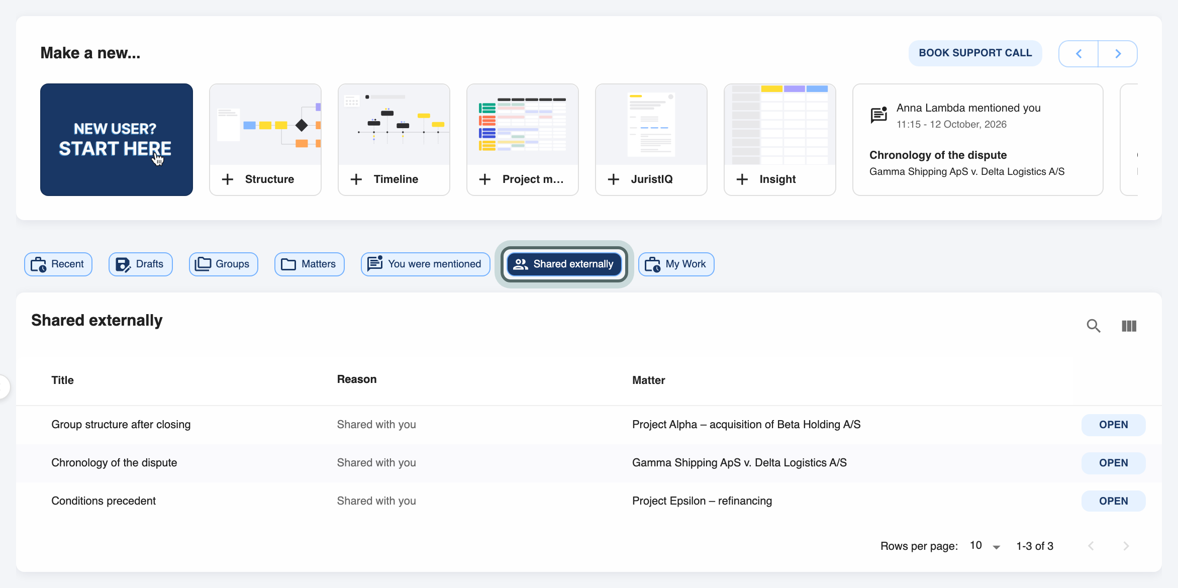 The home page on the Shared externally tab: the structures, timelines and task boards shared with people outside your organisation, each with its matter. The Shared externally chip is highlighted.
