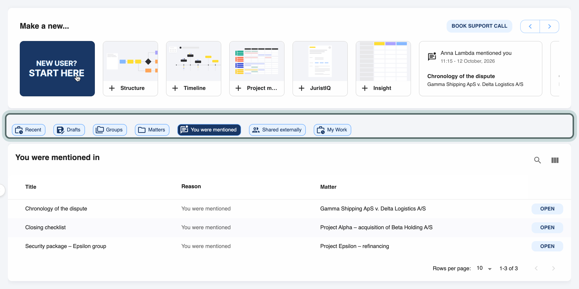 The home page: cards to start a structure, timeline, task board, JuristIQ or Insights at the top, then the tabs Recent, Drafts, Groups, Matters, You were mentioned, Shared externally and My Work, highlighted.