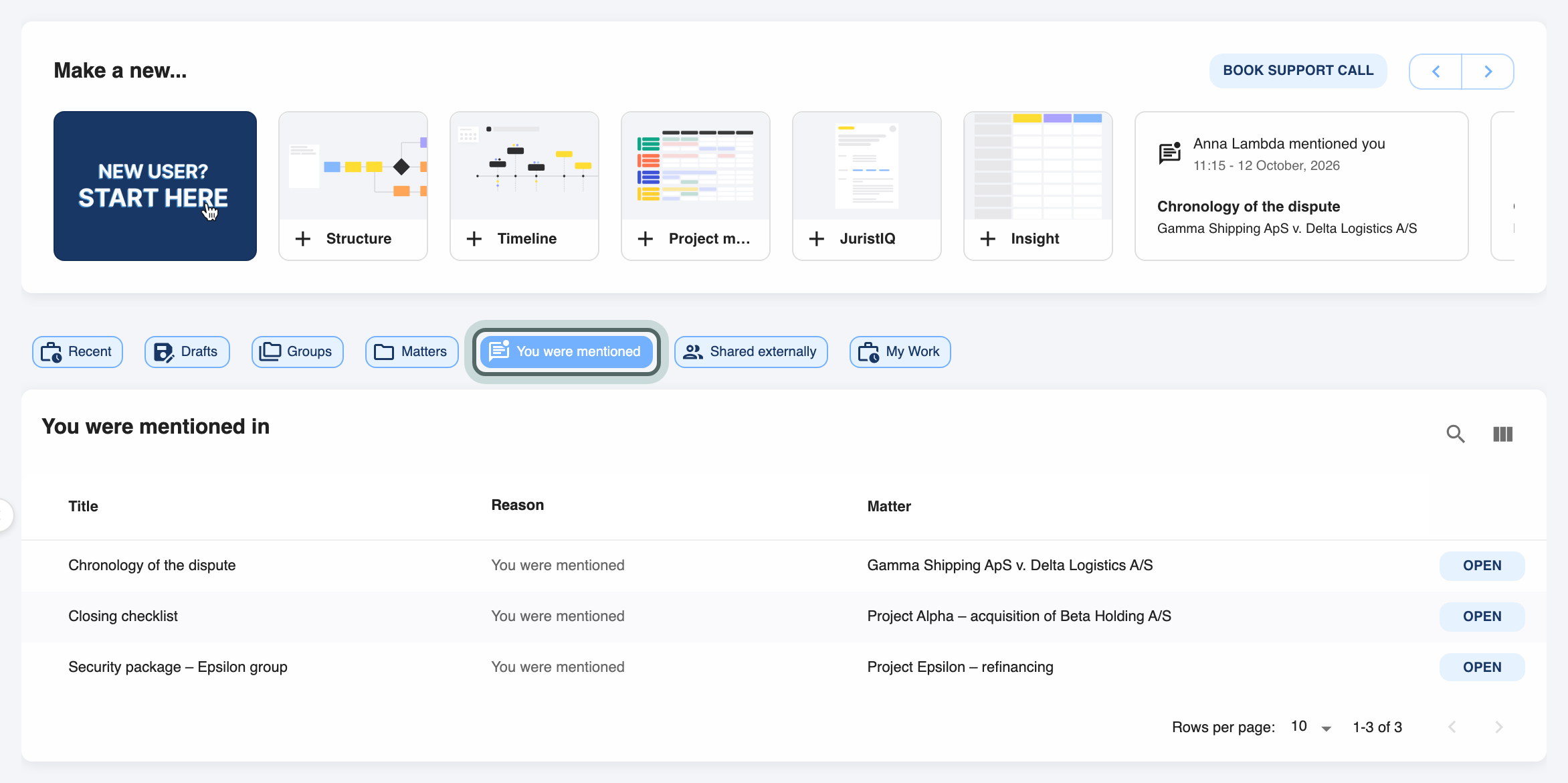 The home page on the You were mentioned tab: a table of the timelines, task boards and structures you were mentioned in, each with its matter. The You were mentioned chip is highlighted.