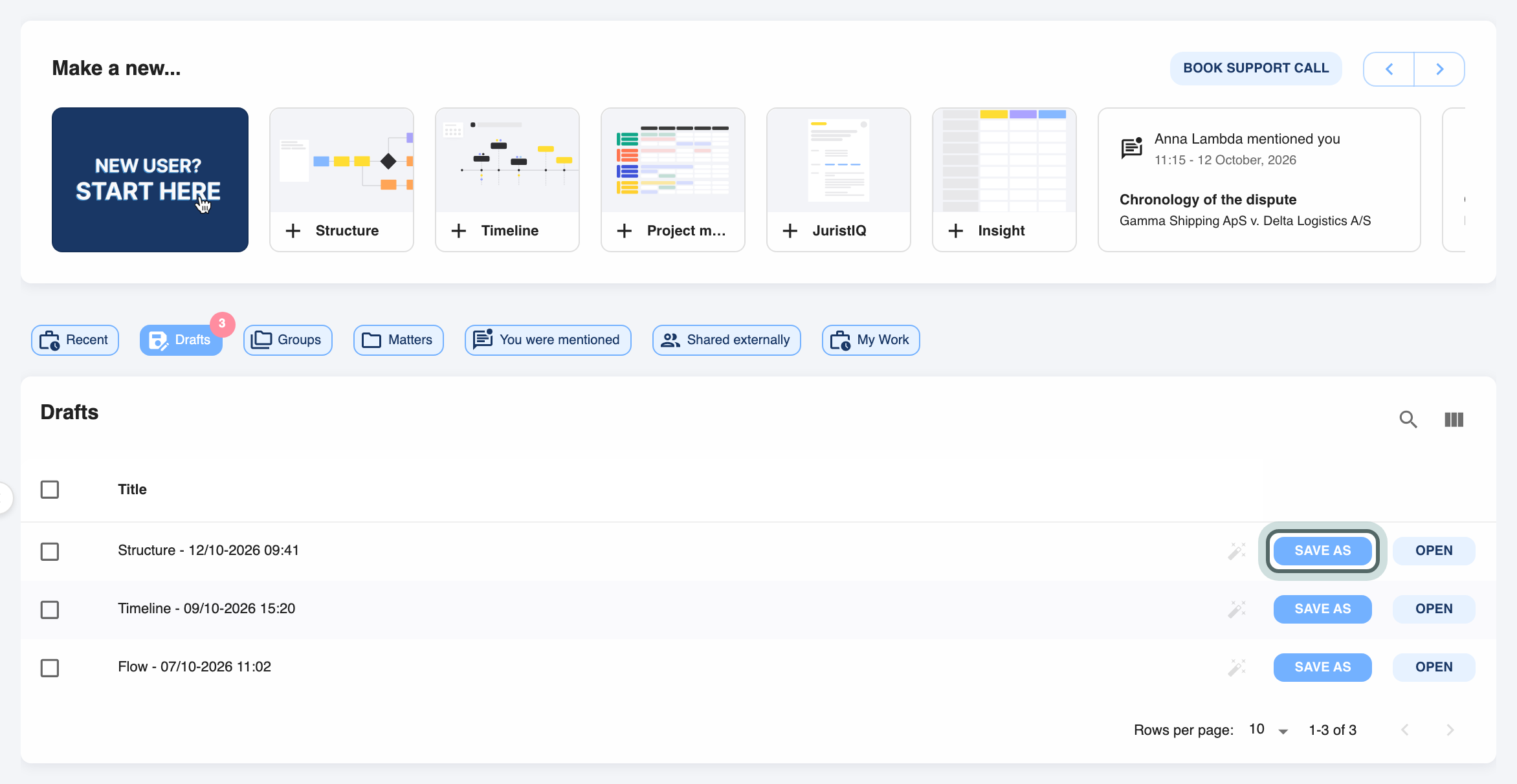 The Drafts tab on the home page: each draft has a Rename using AI button next to its title, and Save as and Open buttons. Save as on the first draft is highlighted.