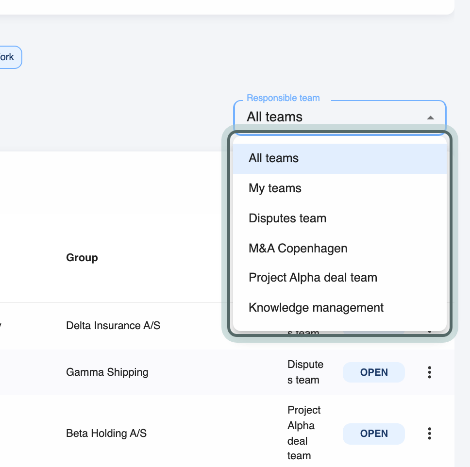 The Matters tab on the home page with the Responsible team filter open: All teams, My teams, and each team by name. Each matter shows its responsible team in its own column.