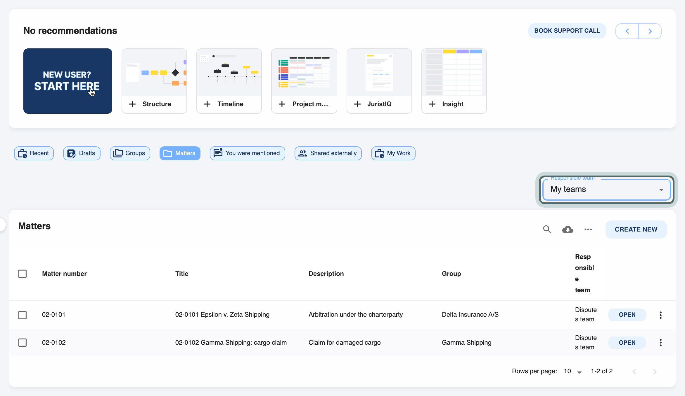 The Matters tab filtered to My teams: the two matters the Disputes team is responsible for.