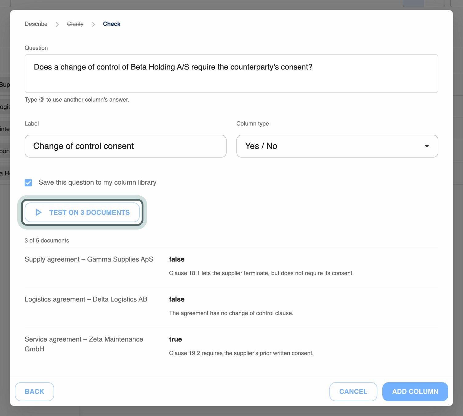 The Check stage: the question, its Label and Column type (Yes / No), the box that saves the question to your column library, and the answers from Test on 3 documents. Test on 3 documents is highlighted.