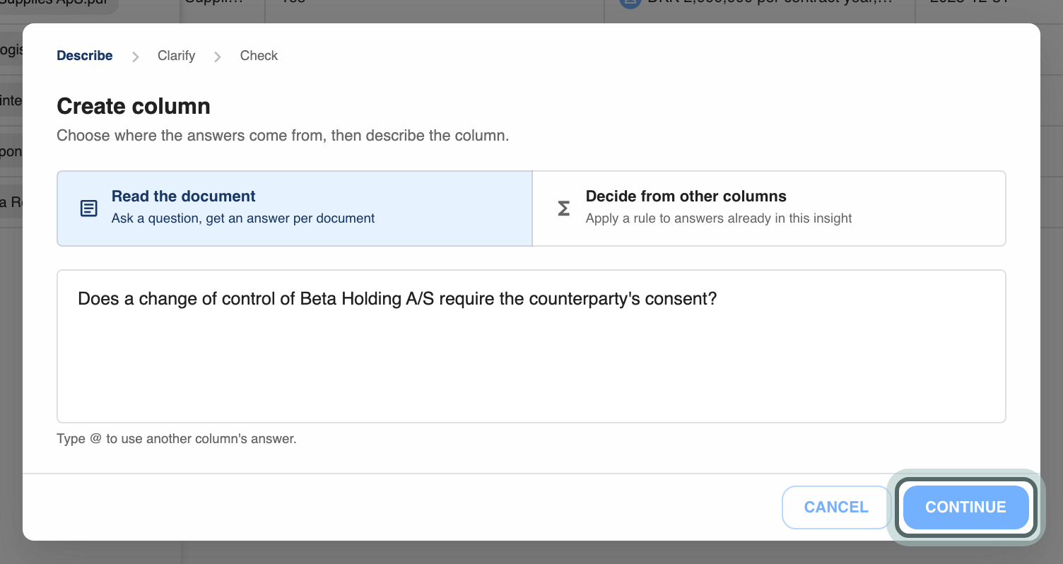 The new column dialog at the Describe stage: Read the document is chosen, and the question asks whether a change of control of Beta Holding A/S needs the counterparty's consent. Continue is highlighted.