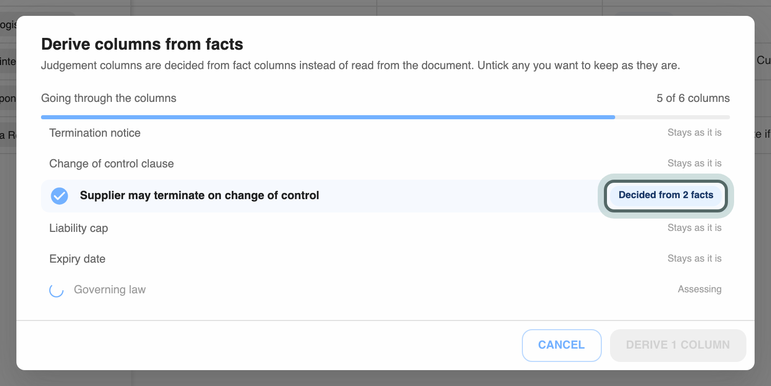 Derive columns from facts while it goes through the columns: Supplier may terminate on change of control can be decided from 2 facts, the columns that read the document directly stay as they are, and the last column is still being assessed.