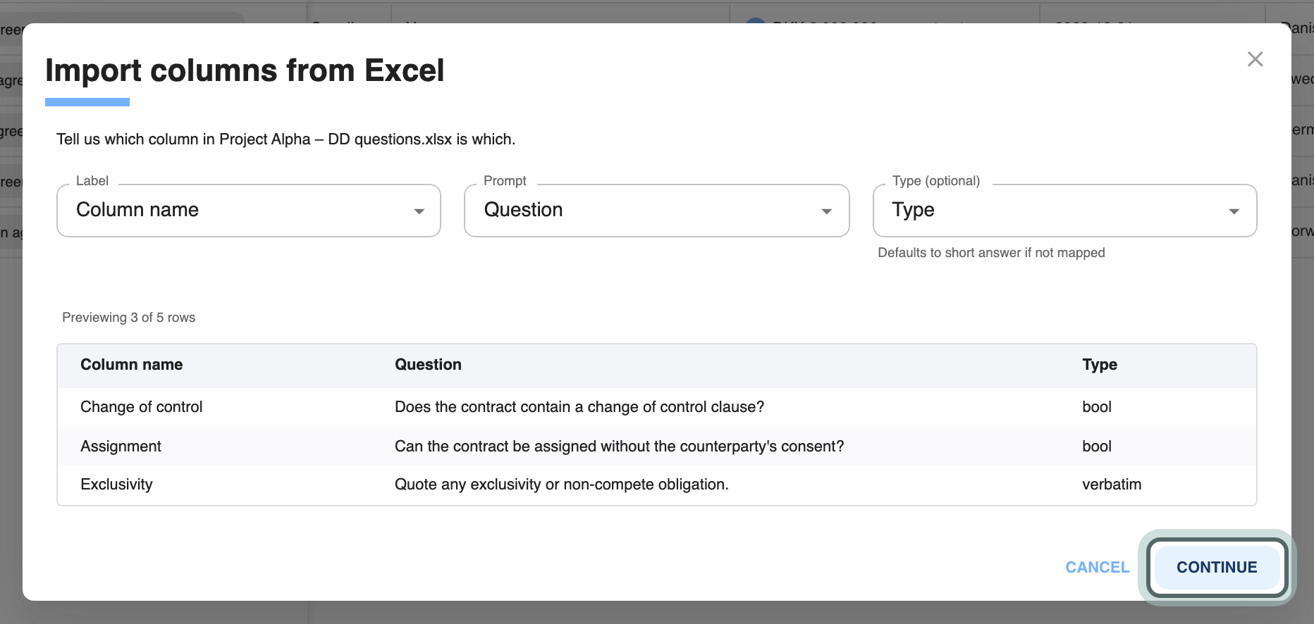 Import columns from Excel, at the mapping step for a Project Alpha due diligence question list: Label, Prompt and Type (optional) are matched to the sheet's columns, with a preview of the first rows below. Continue is highlighted.