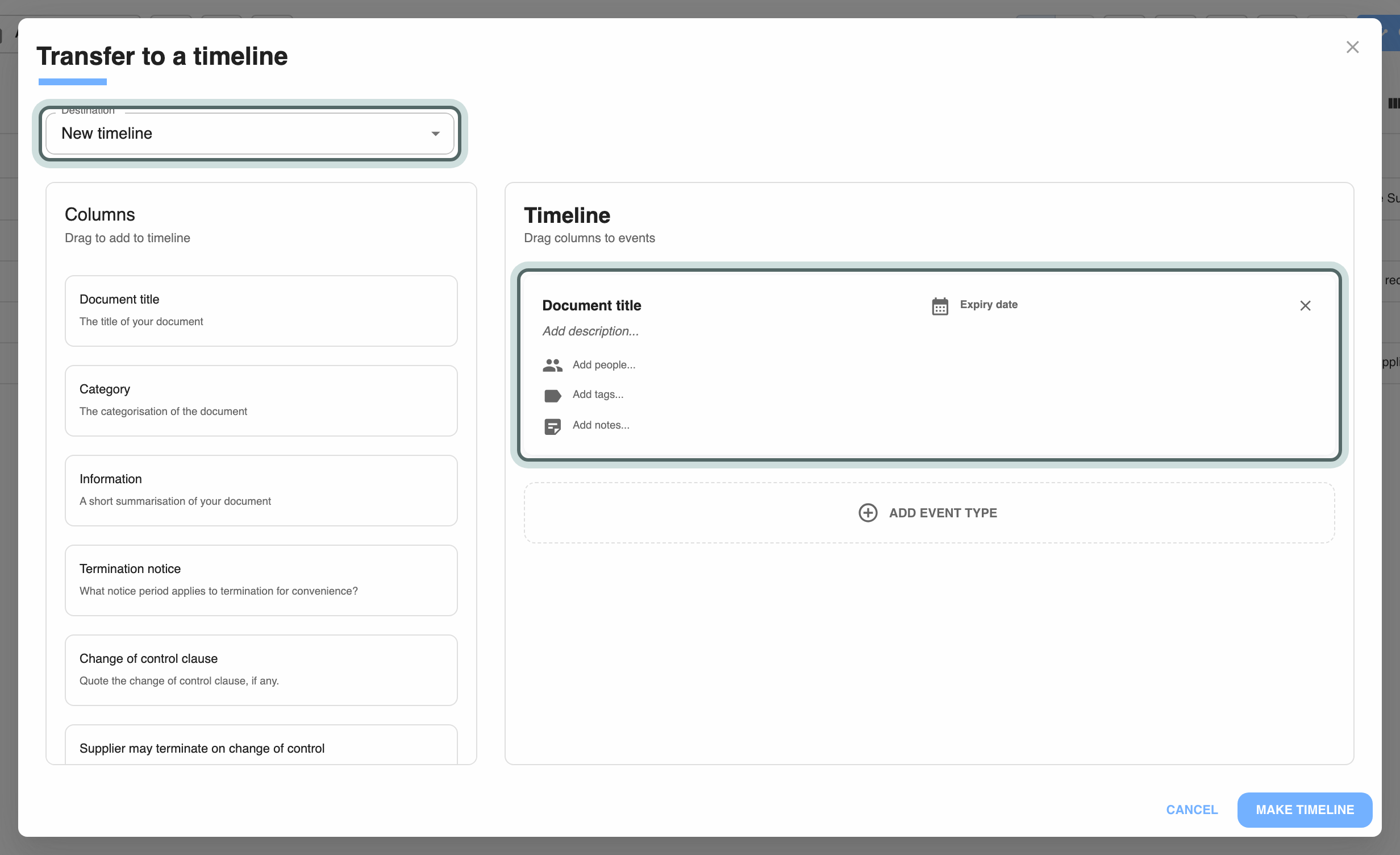 The Transfer to a timeline dialog: the Destination select at the top, the insight's columns on the left, and an event on the right with Document title dragged onto its title and Expiry date onto its date. Destination and the event are highlighted.