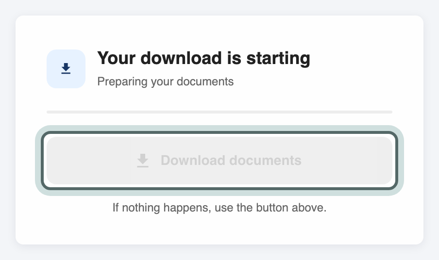 The page the download email links to: Your download is starting, with the Download documents button.