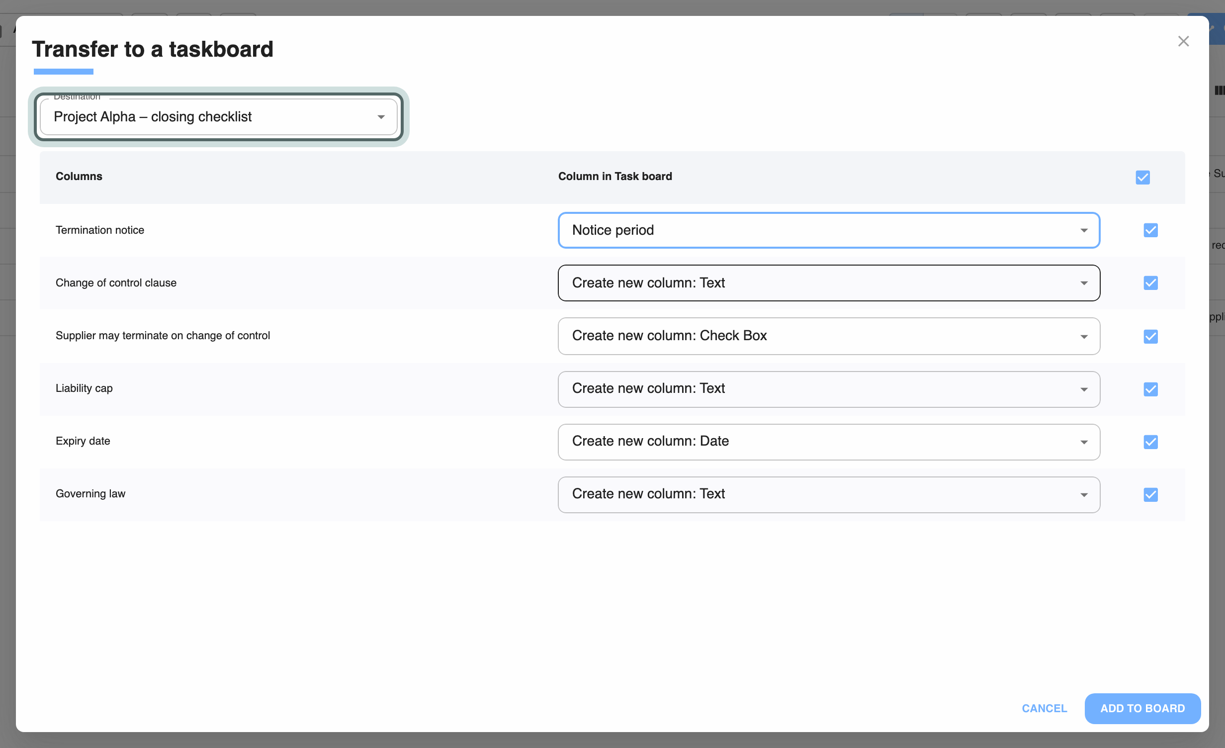 The Transfer to a taskboard dialog with an existing board chosen as Destination. Each insight column has a tick box and a select for the board column it goes into: an existing column, or Create new column.