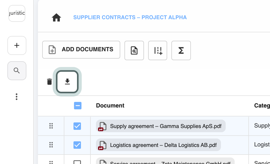 Rows ticked in the insight table, and the Download documents button at the left of the table's toolbar highlighted.