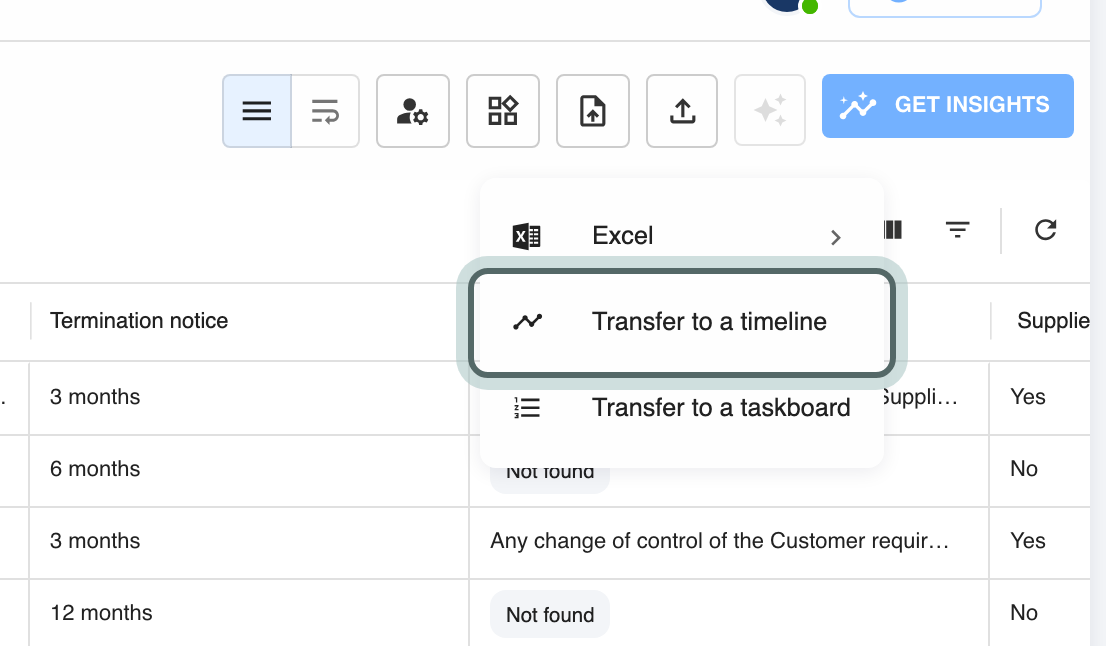 The Export menu above the insight table: Excel, Transfer to a timeline and Transfer to a taskboard, with Transfer to a timeline highlighted.