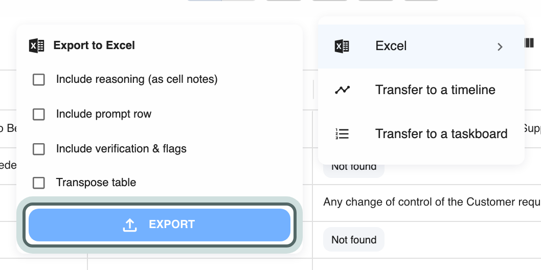 The Export to Excel panel beside the Export menu, with Include reasoning (as cell notes), Include prompt row, Include verification & flags and Transpose table, and the Export button highlighted.