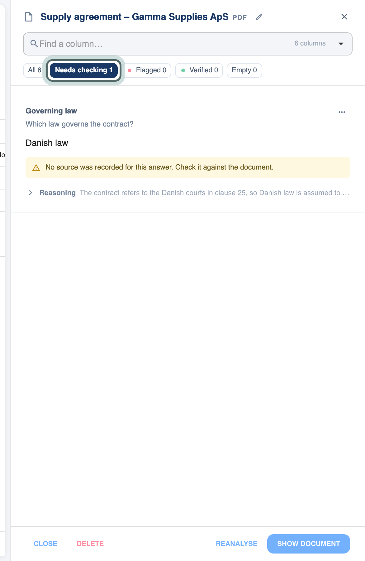 The filters at the top of the detail panel, All, Needs checking, Flagged, Verified and Empty with a count each, with Needs checking chosen and a card below that says no source was recorded for its answer.