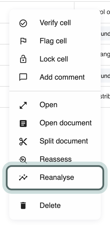 The menu that opens when you right-click a row of a readable PDF: Open, Open document, Split document, Reassess, Reanalyse and Delete, with Reanalyse highlighted.