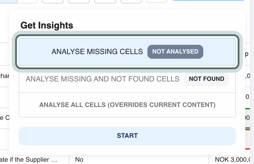 The Get Insights menu: Analyse missing cells, Analyse missing and not found cells, and Analyse all cells (overrides current content), with Start below.