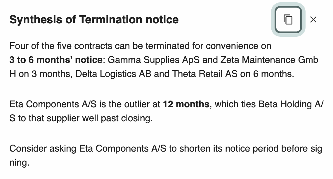 The Synthesis of Termination notice panel: a written overview of the notice periods across the contracts, with the copy button at the top highlighted.