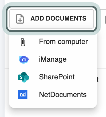 An empty insight with the Add documents button highlighted and its menu open: From computer, iManage, SharePoint and NetDocuments.