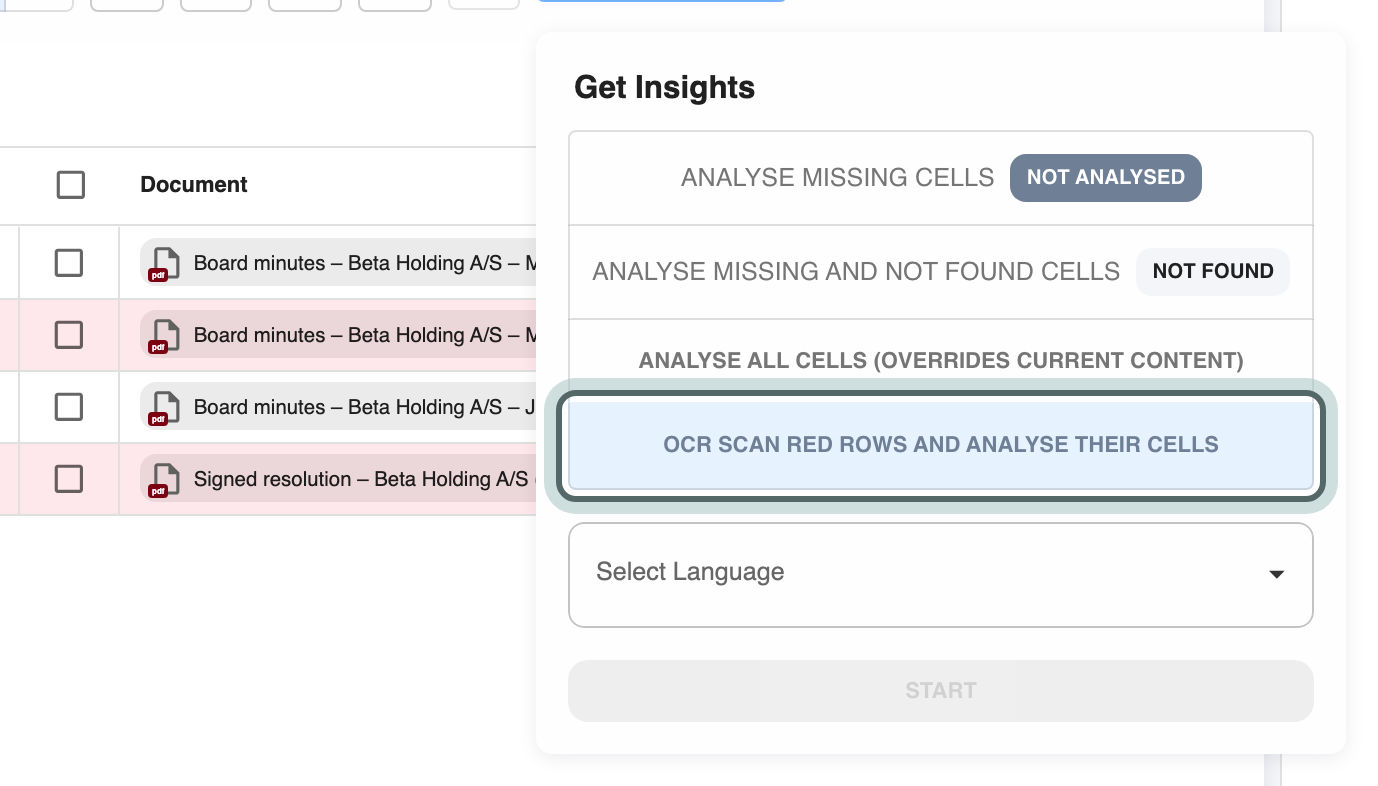 The Get Insights menu on a table with unreadable scans: OCR scan red rows and analyse their cells is chosen and Select Language appears below it. The red rows are the scans the analysis could not read.