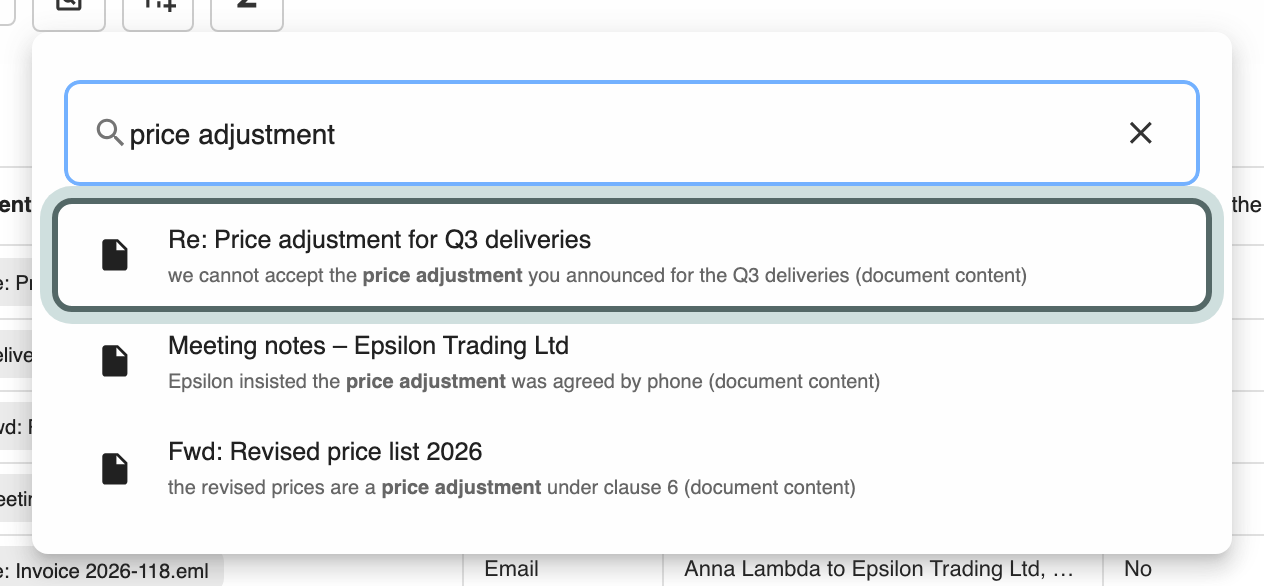 Search in documents, open above the table, with three emails that mention price adjustment and the matching passage under each.