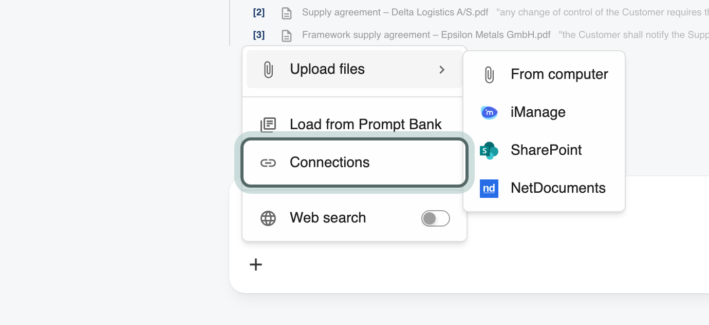 The plus menu under the question box: Upload files (From computer, iManage, SharePoint, NetDocuments), Load from Prompt Bank, Connections and the Web search switch, with Connections highlighted.