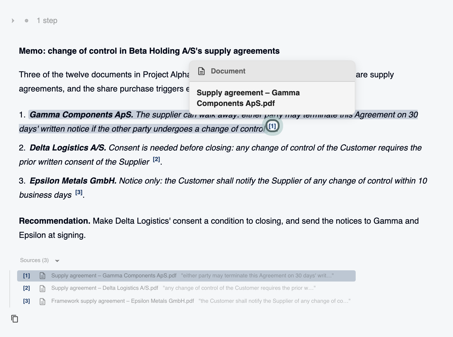 Pointing at citation 1 highlights the clause that relies on it and its entry under Sources, and a tooltip names the document it comes from.