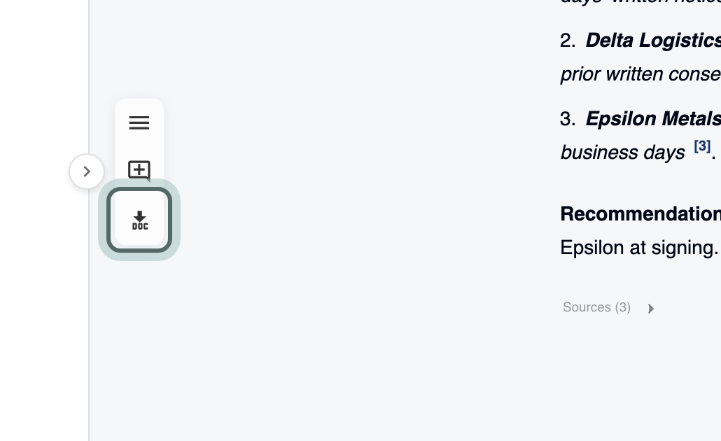 The toolbar beside the chat: Show Chat History, New chat and Download Chat to Word, with Download Chat to Word highlighted.