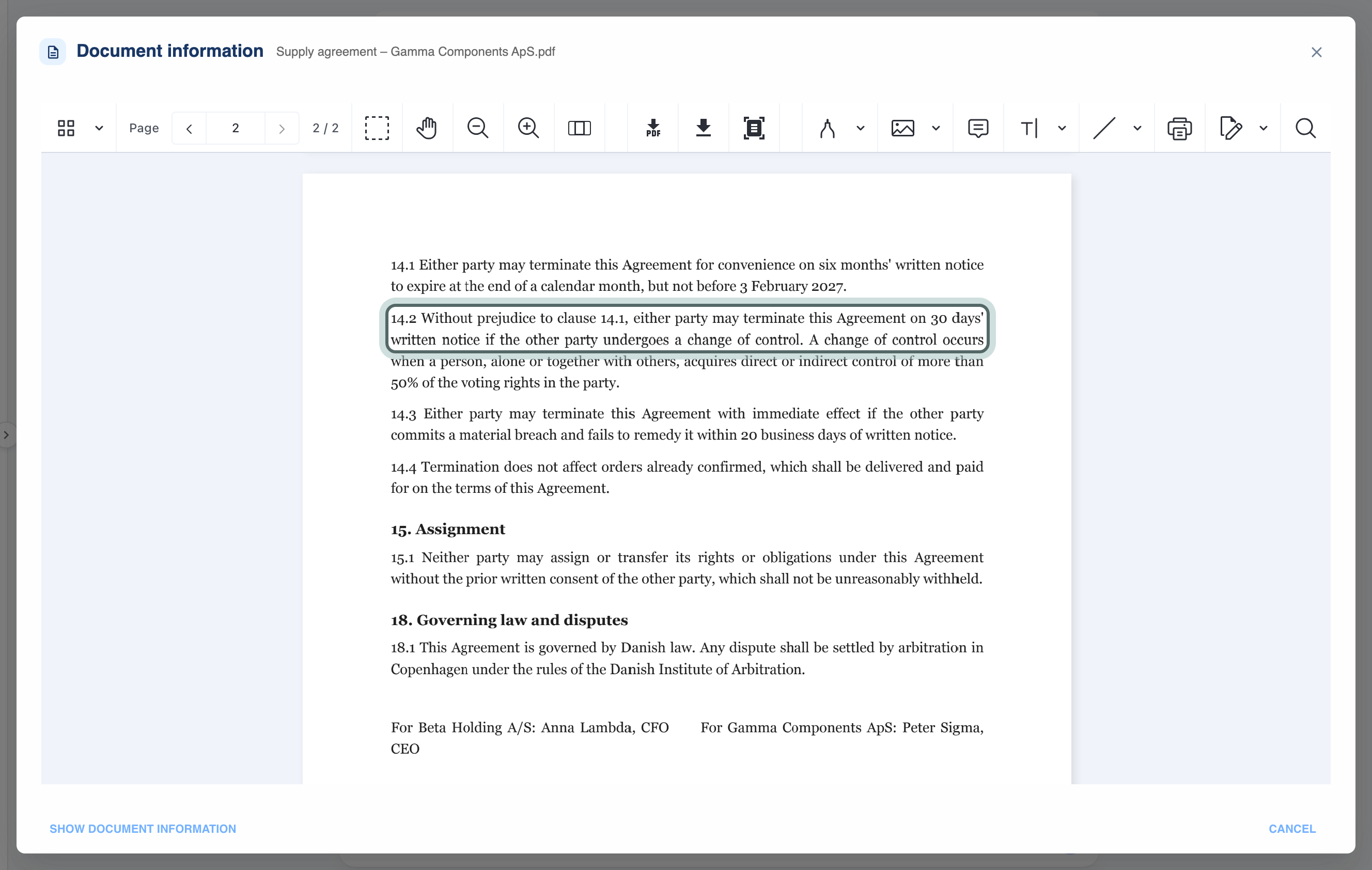 Citation 1 opened in the Document information window: the Gamma Components supply agreement at page 2, showing the quoted passage of clause 14.2 on termination after a change of control, which is marked.