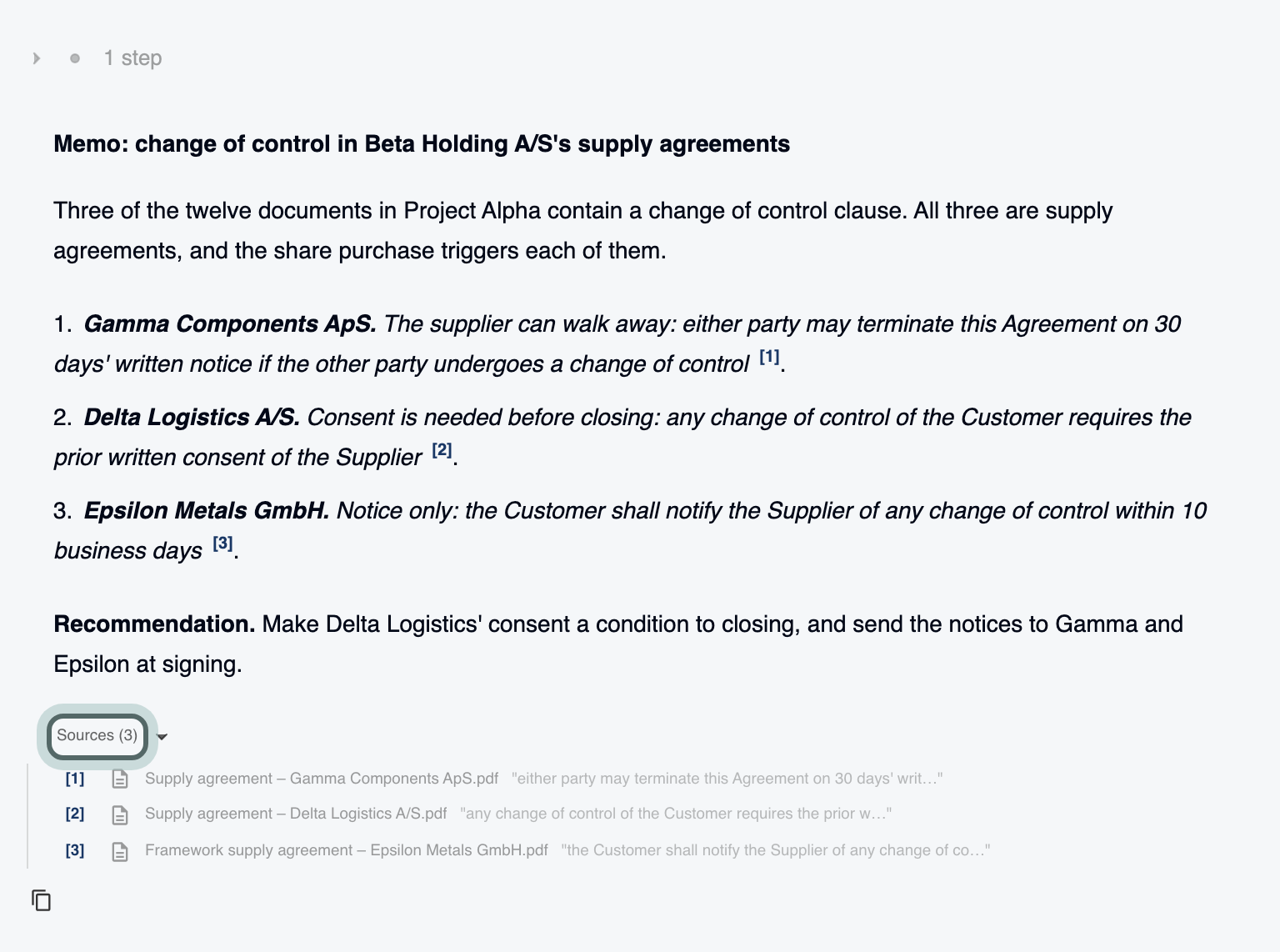JuristIQ's memo on the change of control clauses in Beta Holding A/S's supply agreements, with a numbered citation after each quoted clause and the Sources list under the answer.