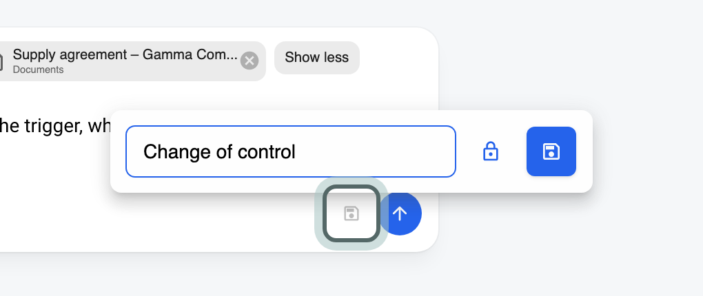 The Save to Prompt Bank box above the question: a title, the switch between a private and a team prompt, and Save; the save icon beside the send button is highlighted.