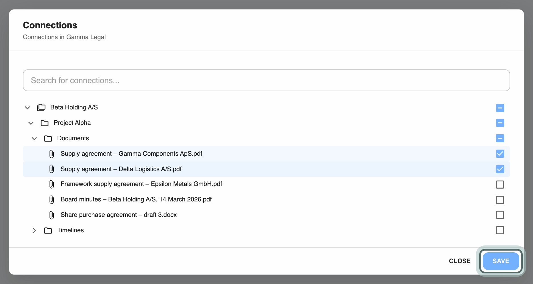 The Connections dialog with the group Beta Holding A/S and the matter Project Alpha opened, two supply agreements ticked and the Save button highlighted.