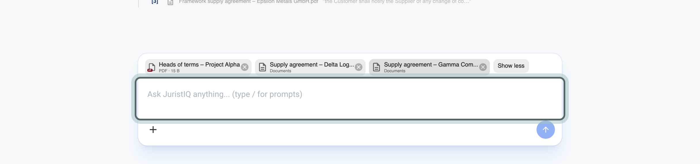 Above the question box, the attachment bar lists the uploaded heads of terms and the two supply agreements chosen under Connections.