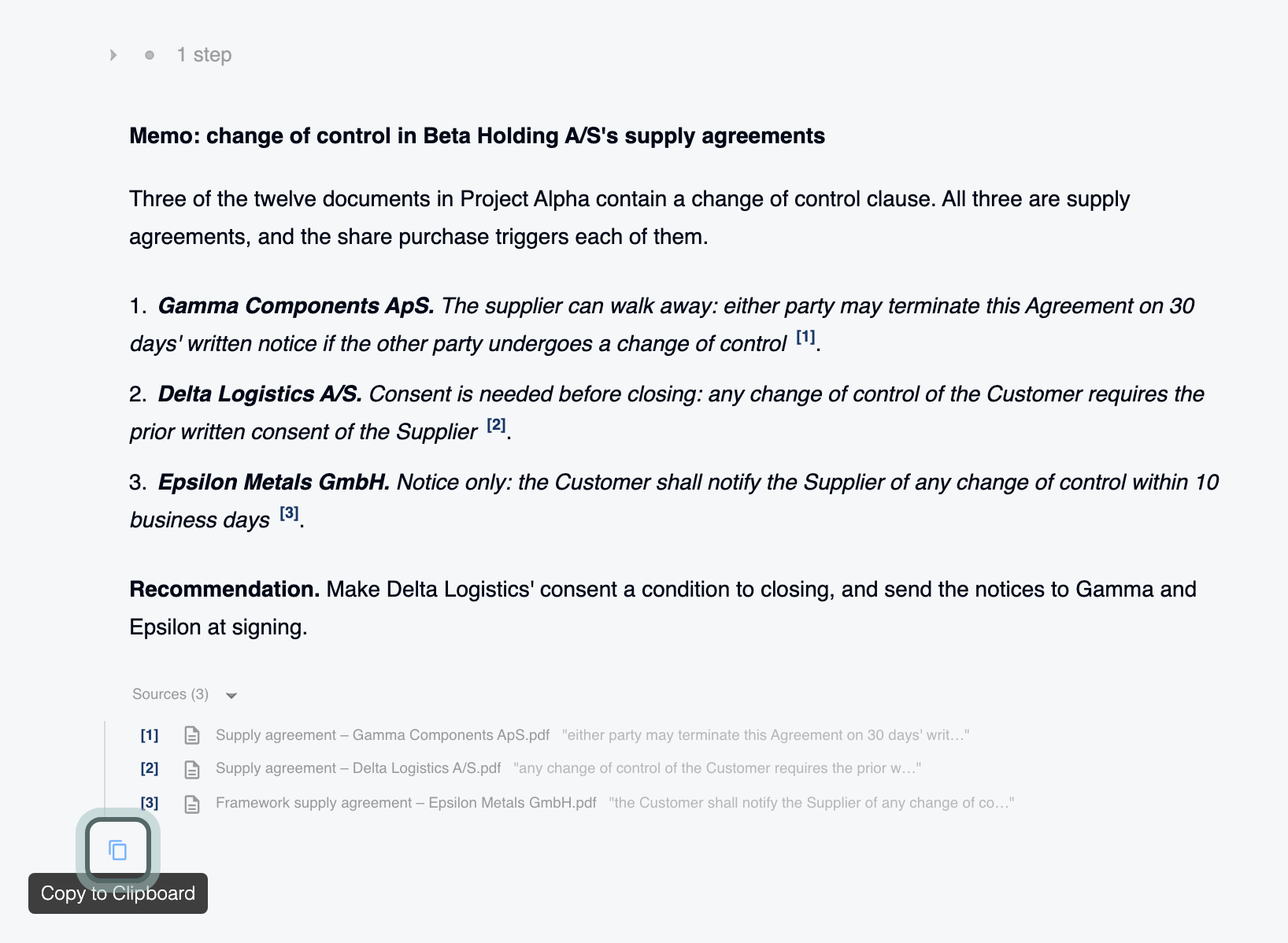 JuristIQ's memo on the change of control clauses with its Sources list; pointing at it shows the copy icon under it, with the tooltip Copy to Clipboard, and the icon is highlighted.