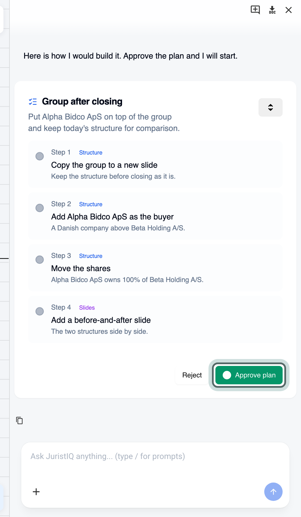 In a structure's JuristIQ panel, a plan for the group after closing lists its four steps, with Reject and Approve plan; Approve plan is highlighted.