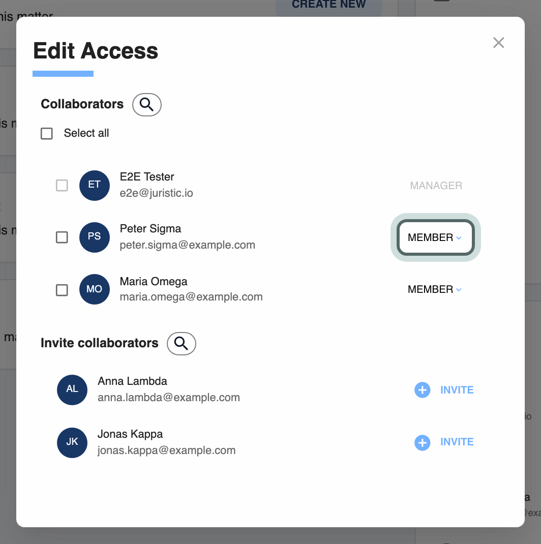 The Edit Access dialog: the matter's collaborators with their roles, and below them colleagues to invite, among them Anna Lambda. The role button next to Peter Sigma, which switches between Manager and Member, is highlighted.