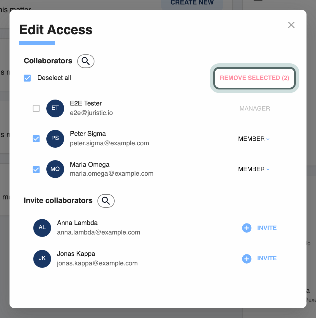Peter Sigma and Maria Omega ticked in the Edit Access dialog, with Remove selected (2) highlighted.