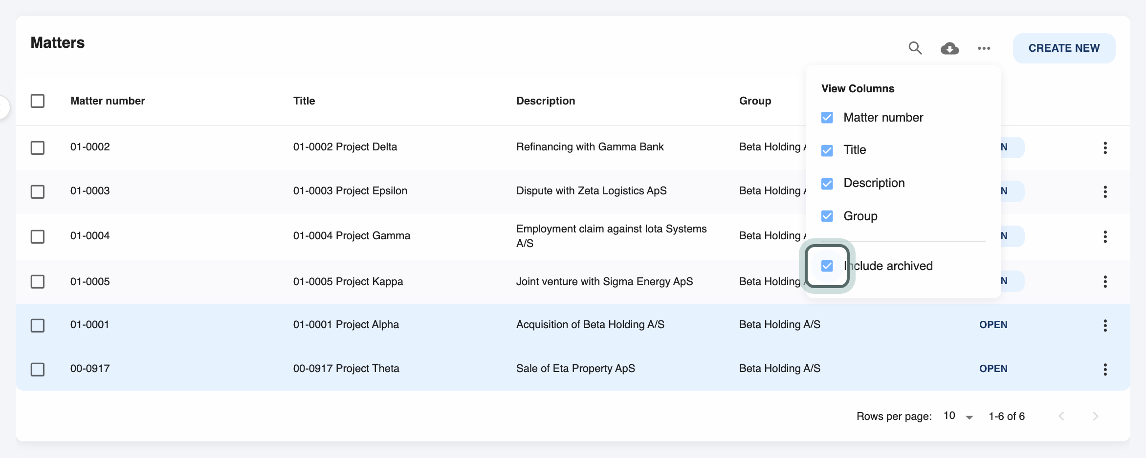 Table settings above the Matters list with Include archived ticked and highlighted; the archived matters, Project Alpha and Project Theta, are shaded at the bottom of the list.