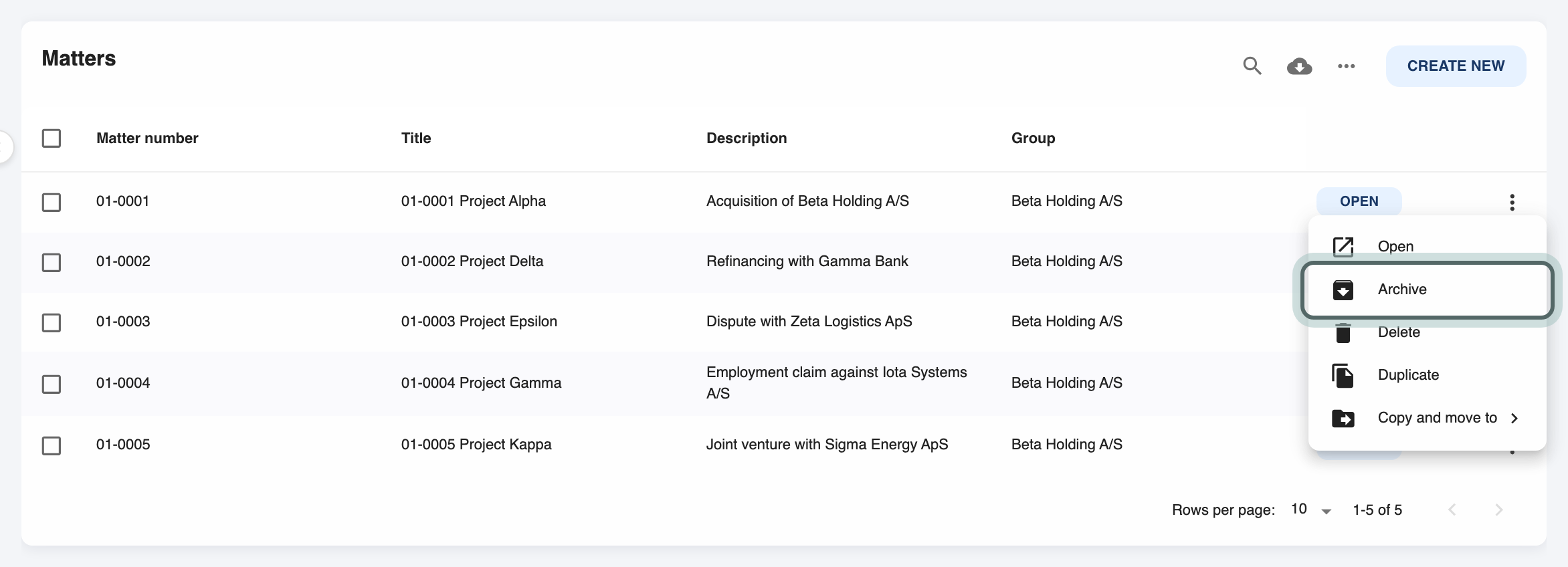 The Matters list on the home page with the More menu open on Project Alpha: Open, Archive, Delete, Duplicate and Copy and move to, with Archive highlighted.