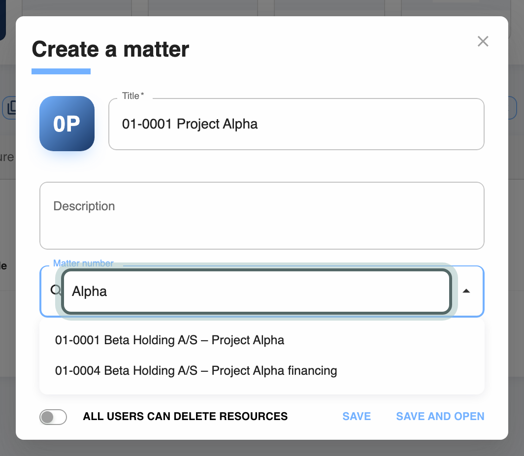 The Create a matter dialog for a firm with iManage: typing in Matter number searches the iManage workspaces and lists 01-0001 Beta Holding A/S – Project Alpha. Matter number is highlighted.
