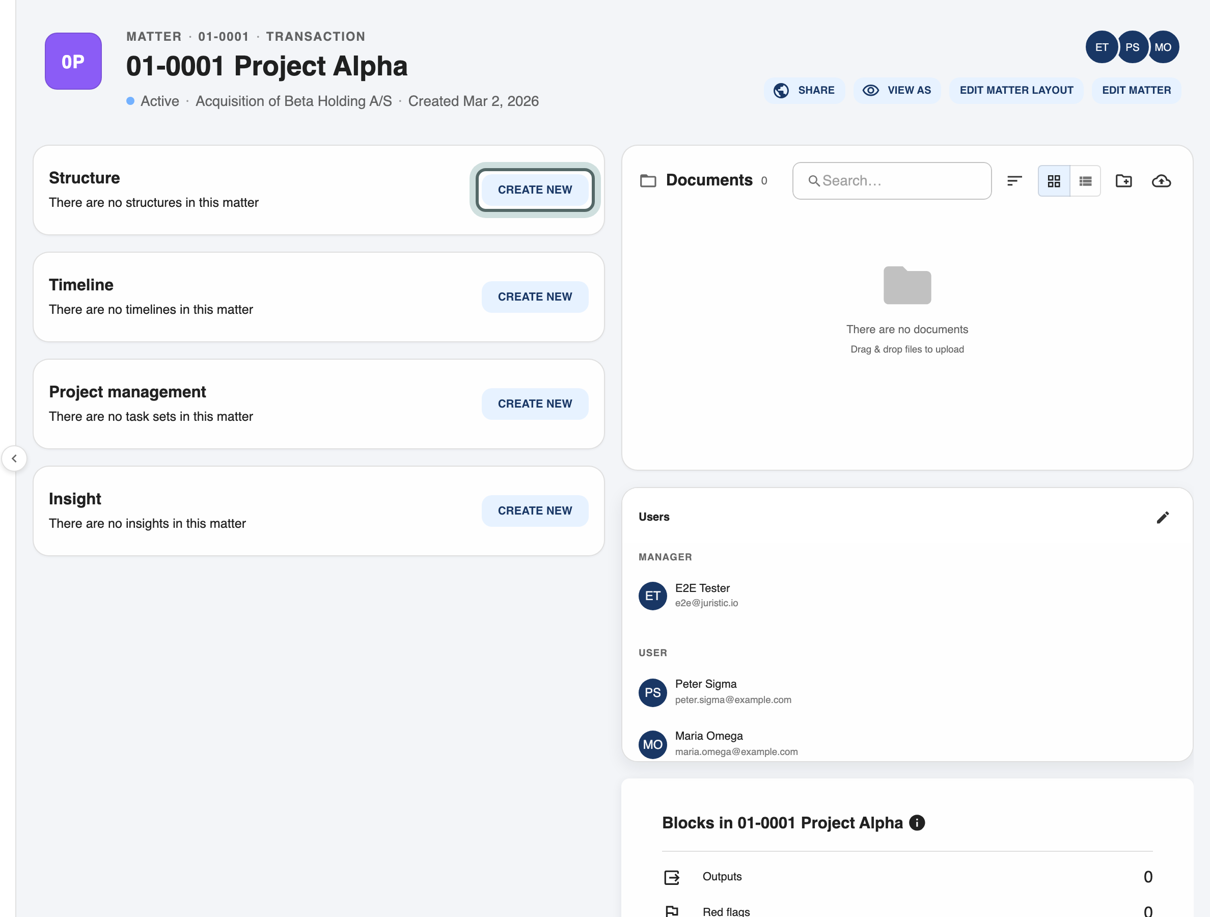 The new matter's overview: boxes for Structure, Timeline, Project management and Insight, the documents and the users, with Create new in the Structure box highlighted.