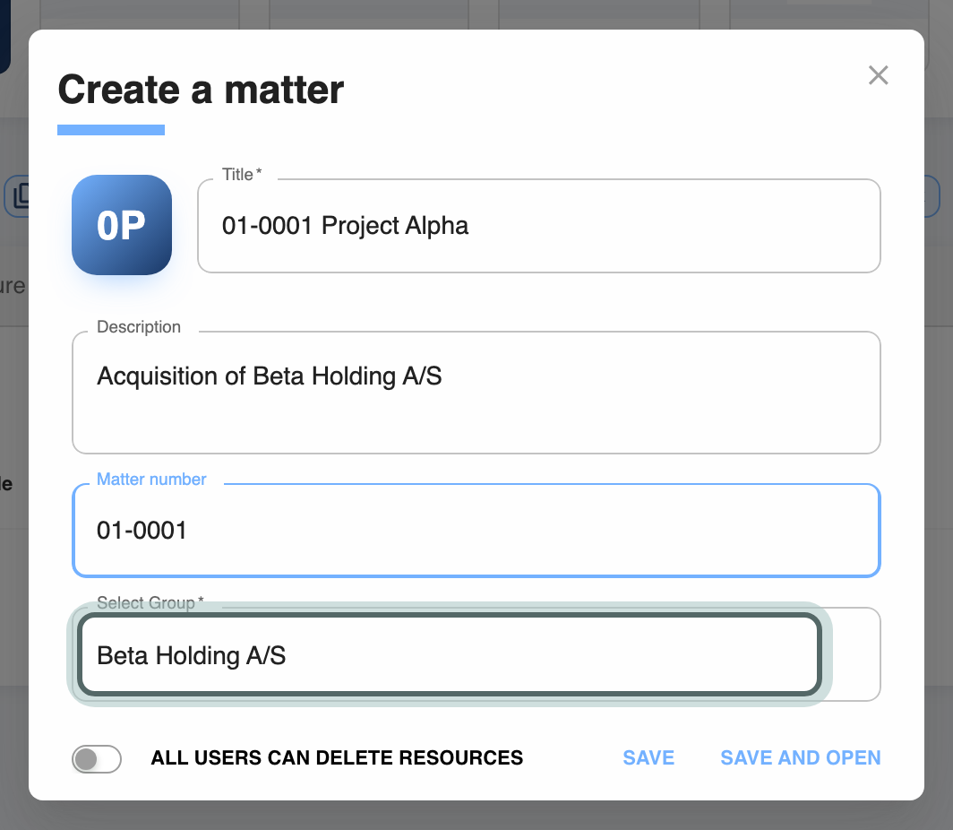 The Create a matter dialog filled in: the title 01-0001 Project Alpha, the description, the matter number 01-0001 and the group Beta Holding A/S, with Select Group highlighted.