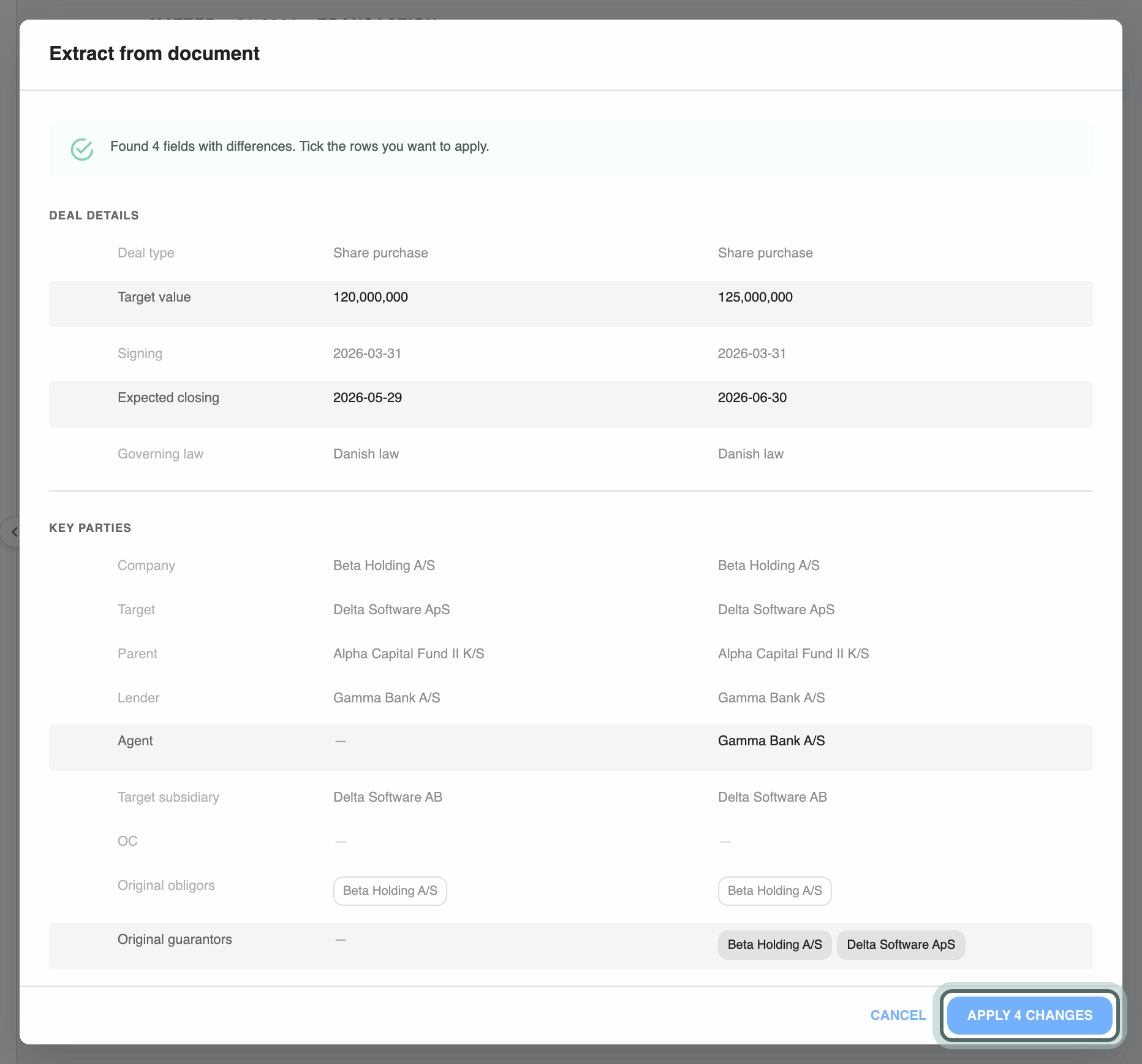 The extraction review: Found 4 fields with differences, with the current and extracted value side by side and the changed rows ticked. Apply 4 changes is highlighted.