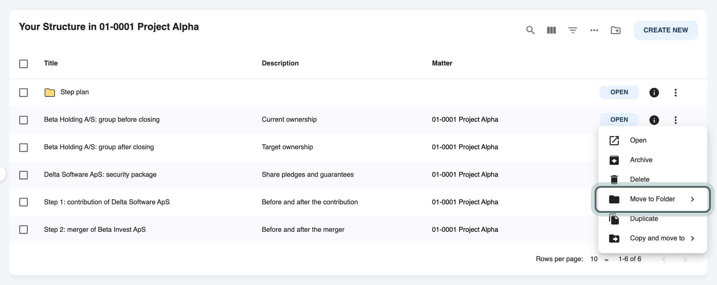 The Structure box on Project Alpha's overview with the More menu open on a structure: Open, Archive, Delete, Move to Folder, Duplicate and Copy and move to, with Move to Folder highlighted.
